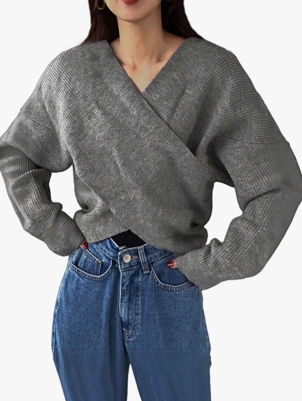 Wrap V Neck Sweater Long Sleeve Knit Pullover Jumper Top